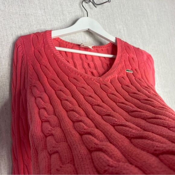 VTG Lacoste‎ Logo V Neck Pink Cable Knit Sweater Pullover Long Tunic Size 36 - Picture 1 of 16
